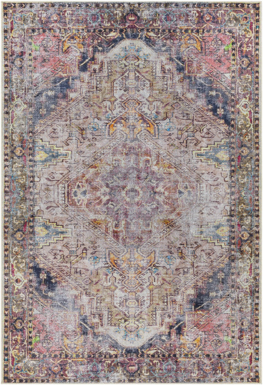 Traditional Heriz Beige, Peach, Blue multi color Low Pile Washable Area Rug - The Rug Decor
