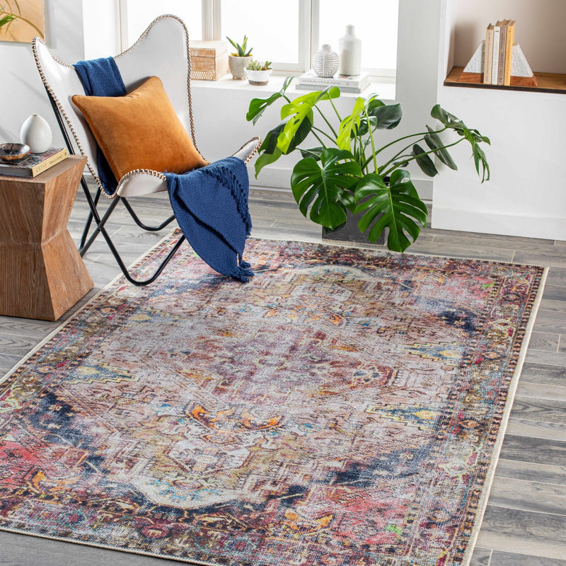 Traditional Heriz Beige, Peach, Blue multi color Low Pile Washable Area Rug - The Rug Decor