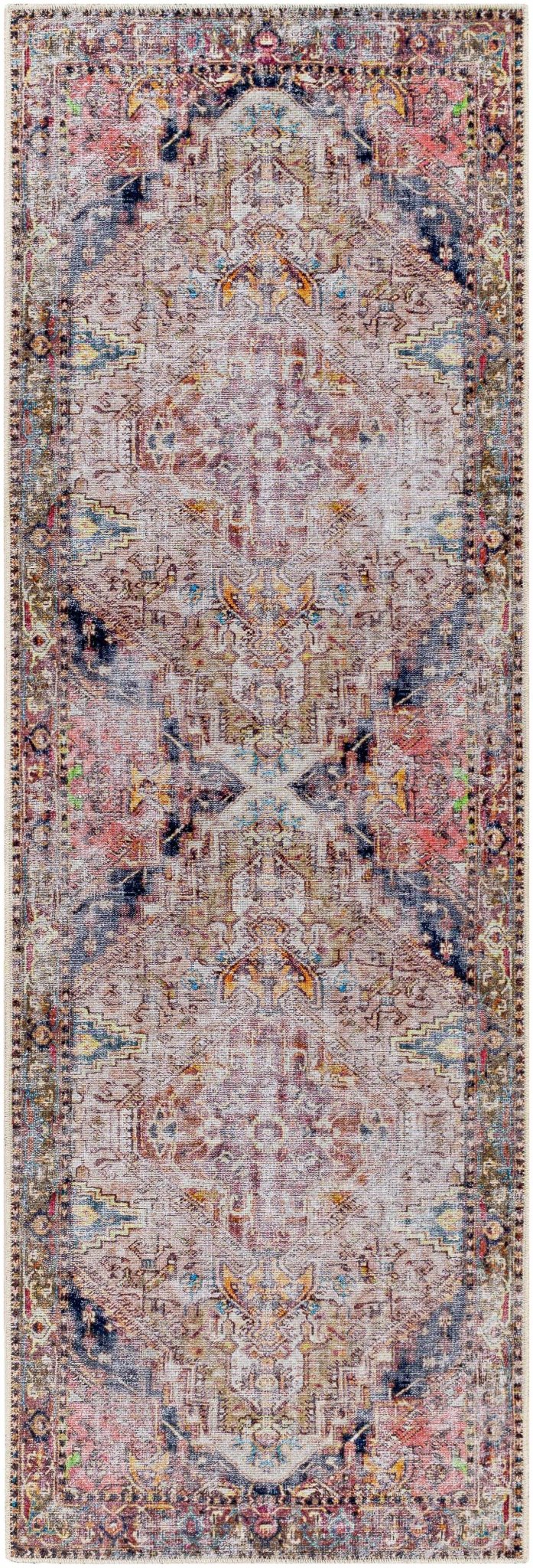 Traditional Heriz Beige, Peach, Blue multi color Low Pile Washable Area Rug - The Rug Decor