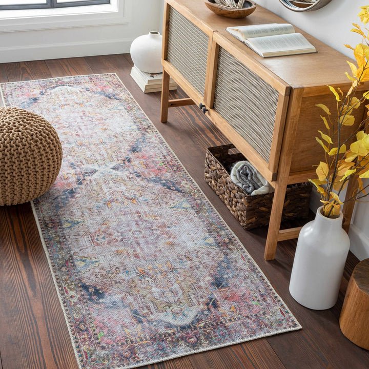 Traditional Heriz Beige, Peach, Blue multi color Low Pile Washable Area Rug - The Rug Decor