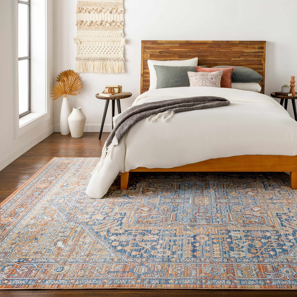 Traditional Heriz Blue, Ivory and Saffron Medallion Style multi color Low pile Area Rug - The Rug Decor