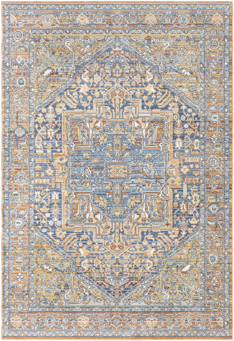 Traditional Heriz Blue, Ivory and Saffron Medallion Style multi color Low pile Area Rug - The Rug Decor