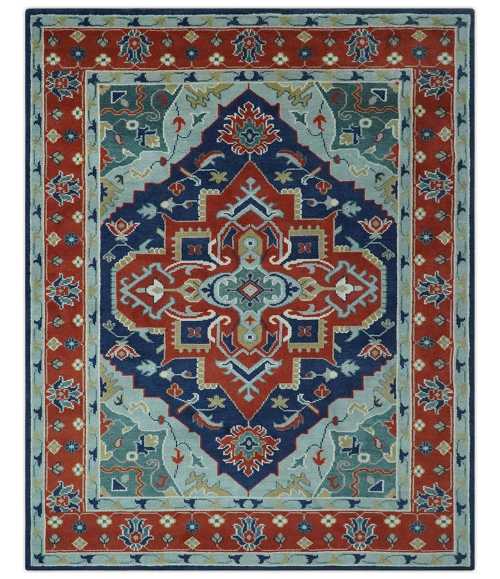Traditional Heriz Brown, Blue and Gray Hand Knotted Custom Made Wool Area Rug - The Rug Decor