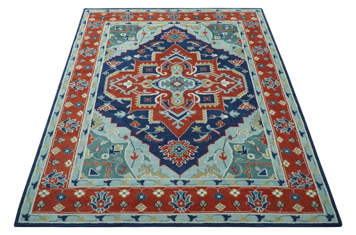 Traditional Heriz Brown, Blue and Gray Hand Knotted Custom Made Wool Area Rug - The Rug Decor