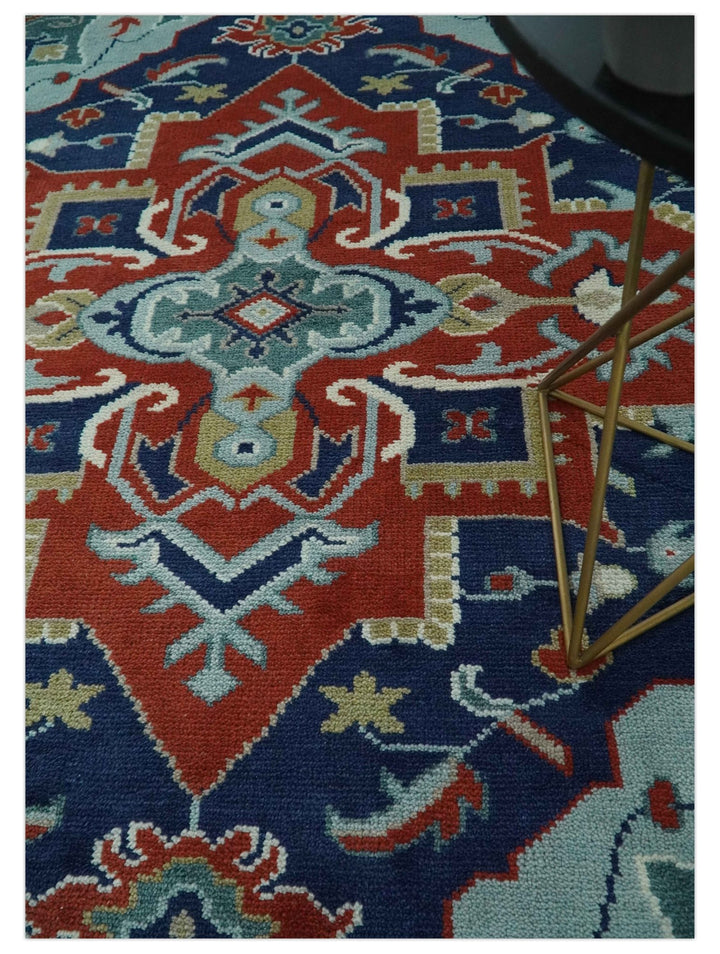 Traditional Heriz Brown, Blue and Gray Hand Knotted Custom Made Wool Area Rug - The Rug Decor