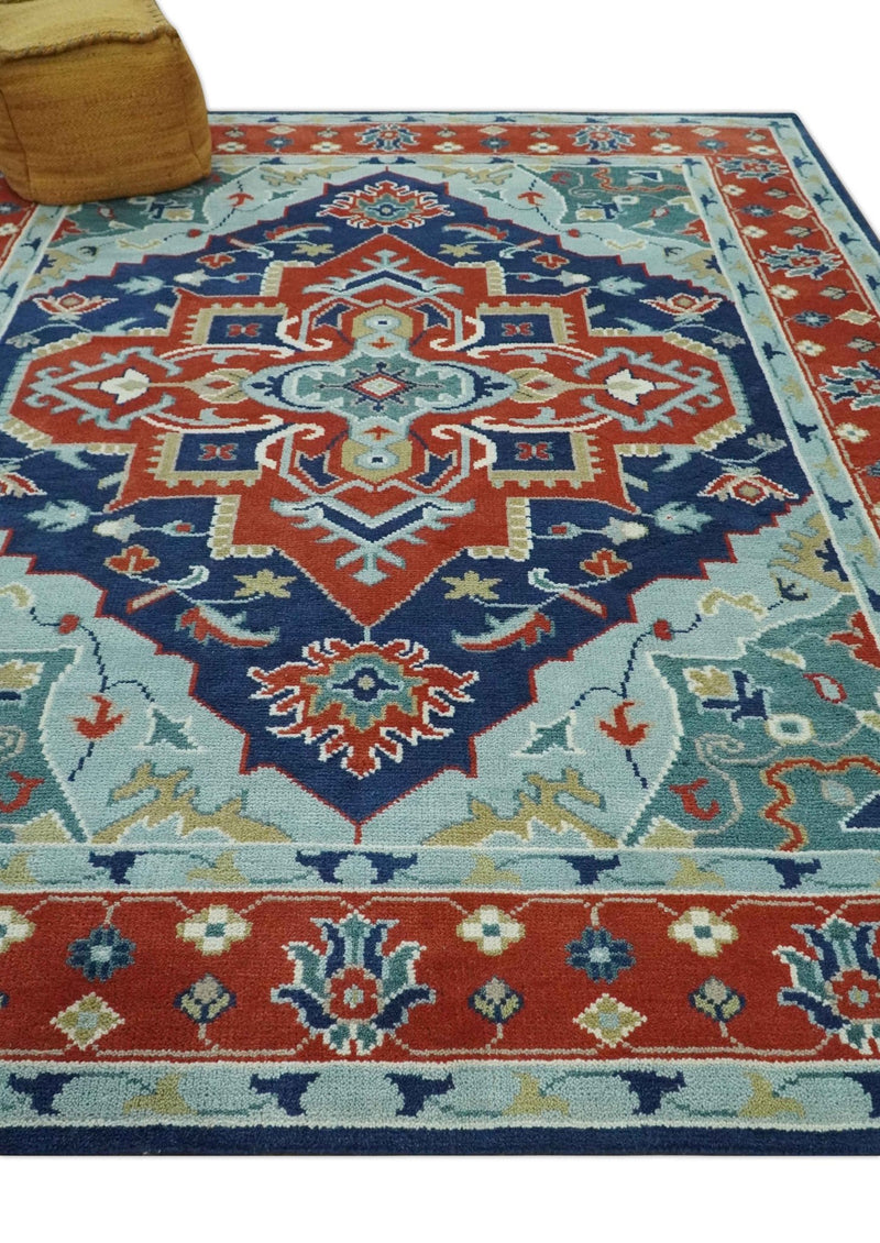 Traditional Heriz Brown, Blue and Gray Hand Knotted Custom Made Wool Area Rug - The Rug Decor