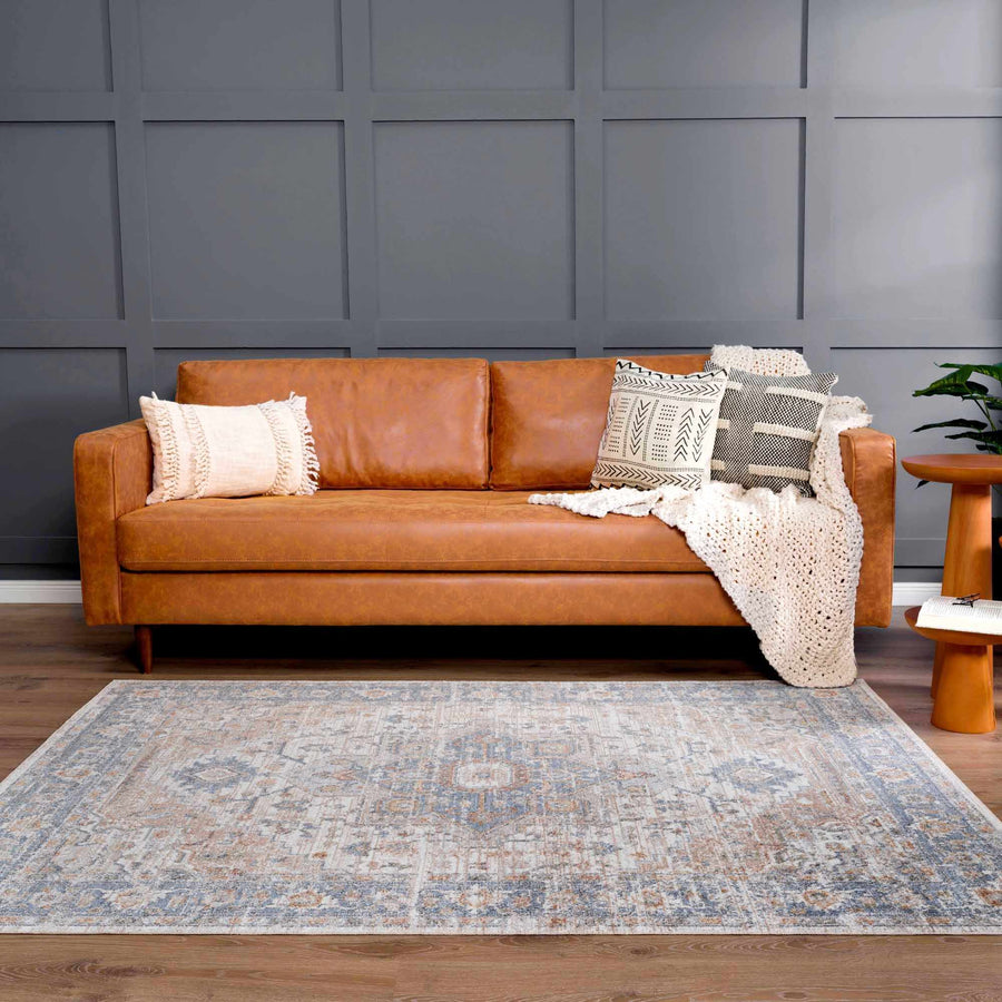 Traditional Heriz Charcoal, Ivory and Camel Medallion Washable area Rug - The Rug Decor