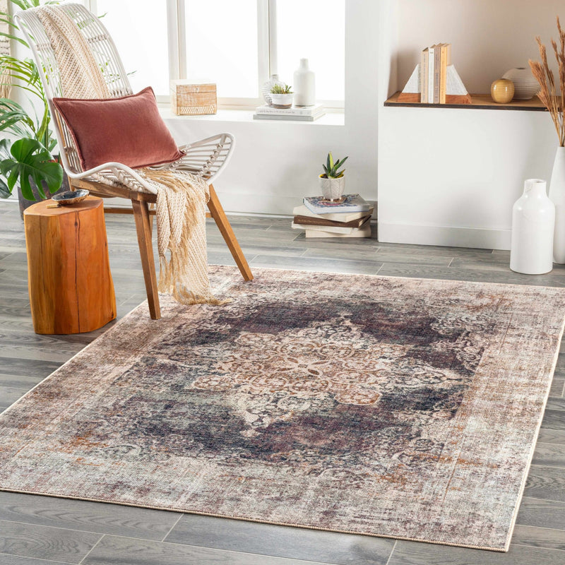 Traditional Heriz Design Beige, Brown and Gold Low Pile Washable Area Rug - The Rug Decor
