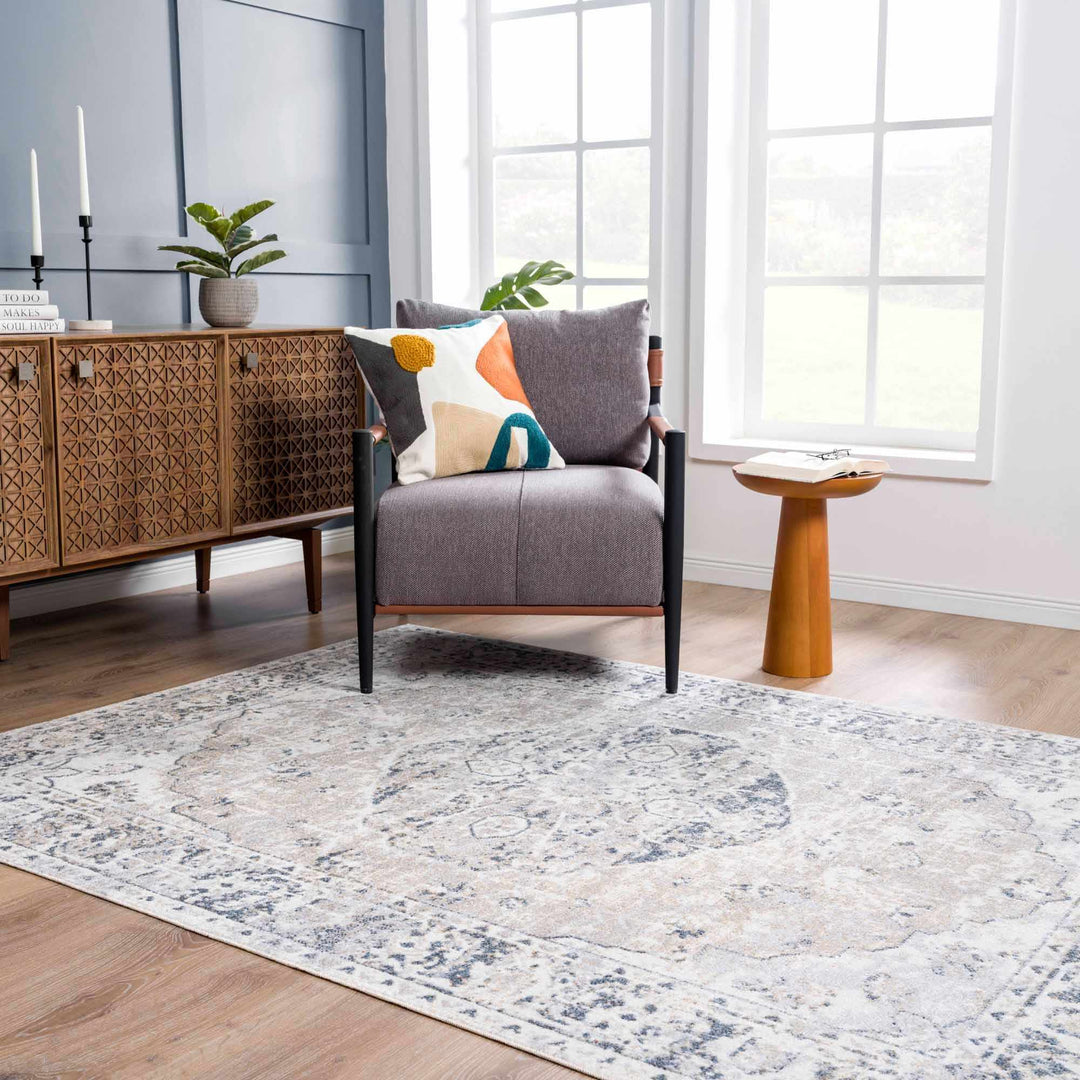 Traditional Heriz Design Beige, Silver and Charcoal washable Area Rug - The Rug Decor