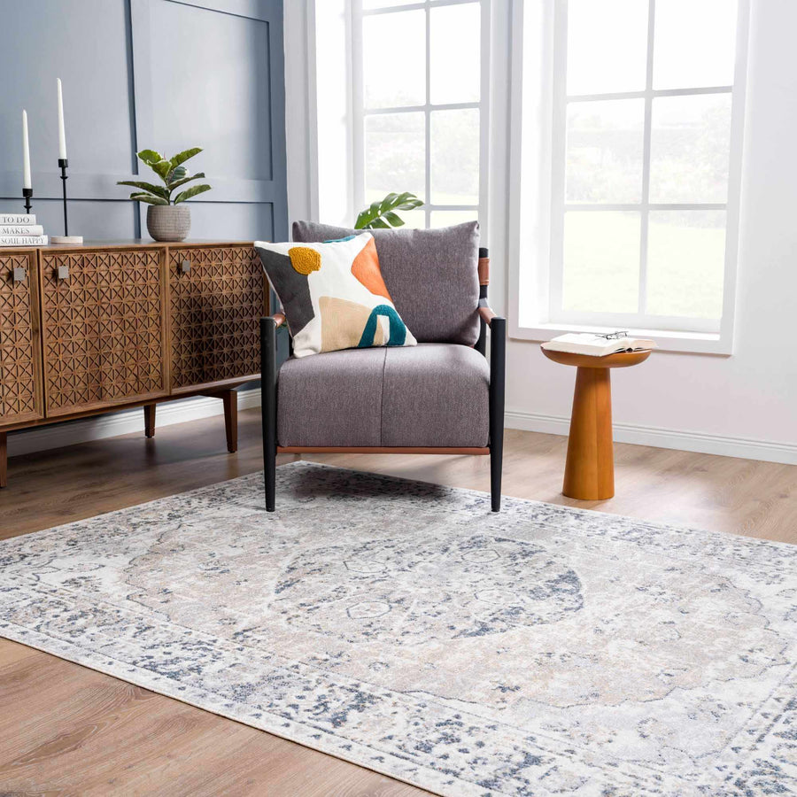 Traditional Heriz Design Beige, Silver and Charcoal washable Area Rug - The Rug Decor
