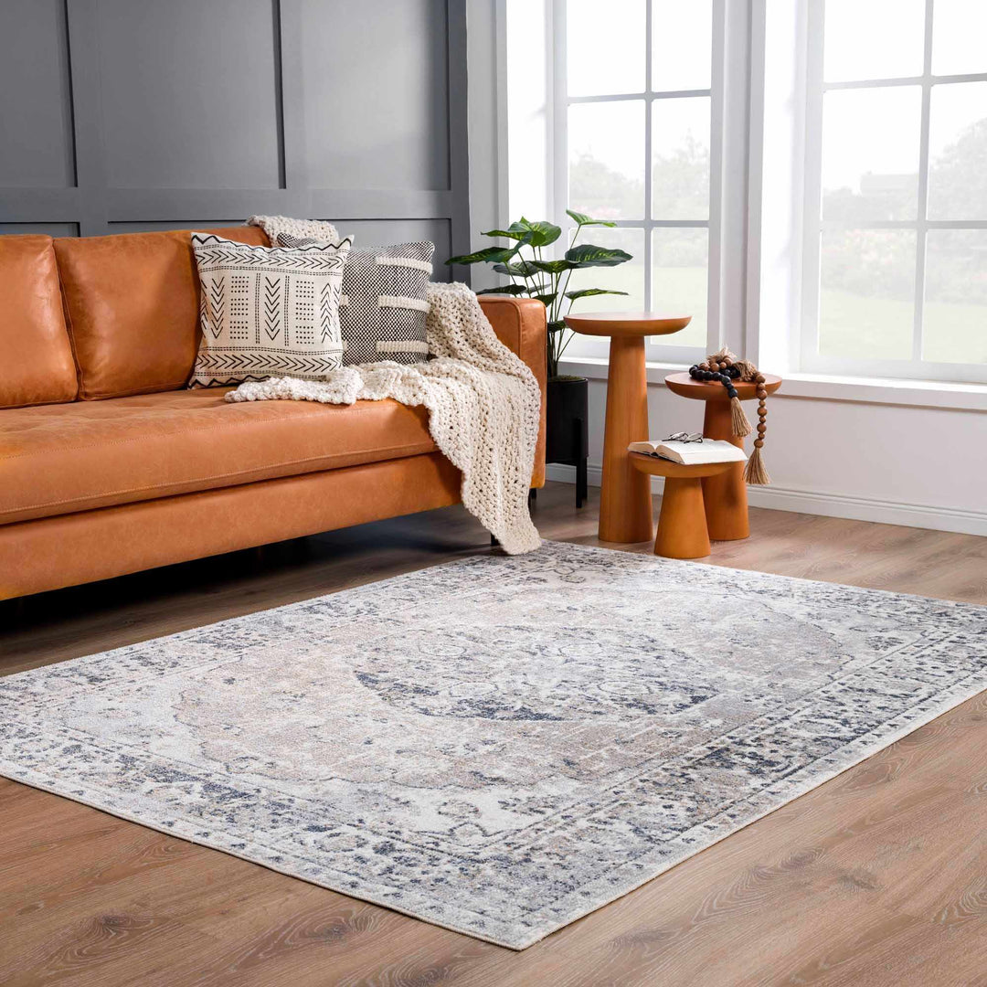 Traditional Heriz Design Beige, Silver and Charcoal washable Area Rug - The Rug Decor