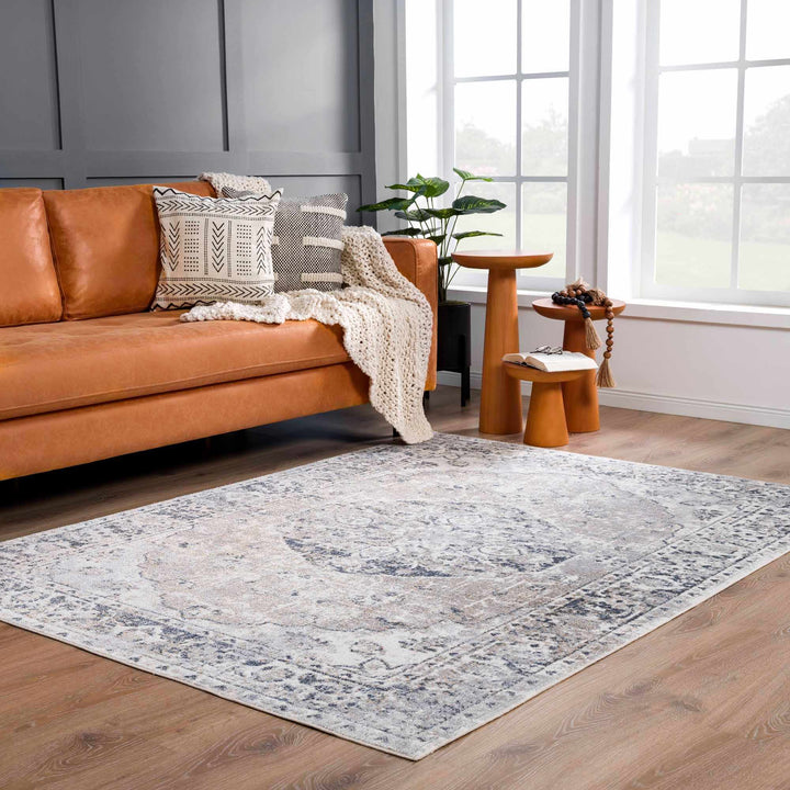 Traditional Heriz Design Beige, Silver and Charcoal washable Area Rug - The Rug Decor