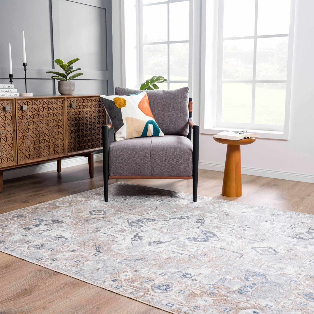 Traditional Heriz Design Beige, Silver and Charcoal washable Area Rug - The Rug Decor
