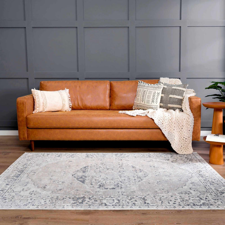 Traditional Heriz Design Beige, Silver and Charcoal washable Area Rug - The Rug Decor