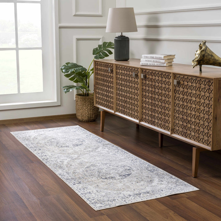 Traditional Heriz Design Beige, Silver and Charcoal washable Area Rug - The Rug Decor