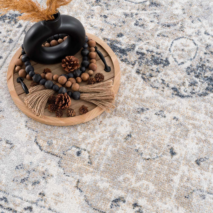 Traditional Heriz Design Beige, Silver and Charcoal washable Area Rug - The Rug Decor