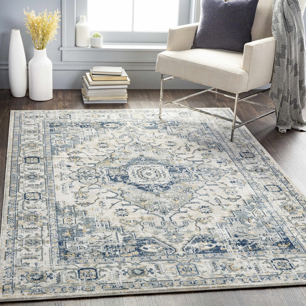 Traditional Heriz Design Ivory, Gray and Blue Medium Pile Area Rug - The Rug Decor