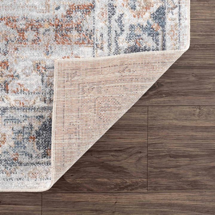 Traditional Heriz Ivory, Rust and Blue Medallion Design Low Pile Washable Area Rug - The Rug Decor