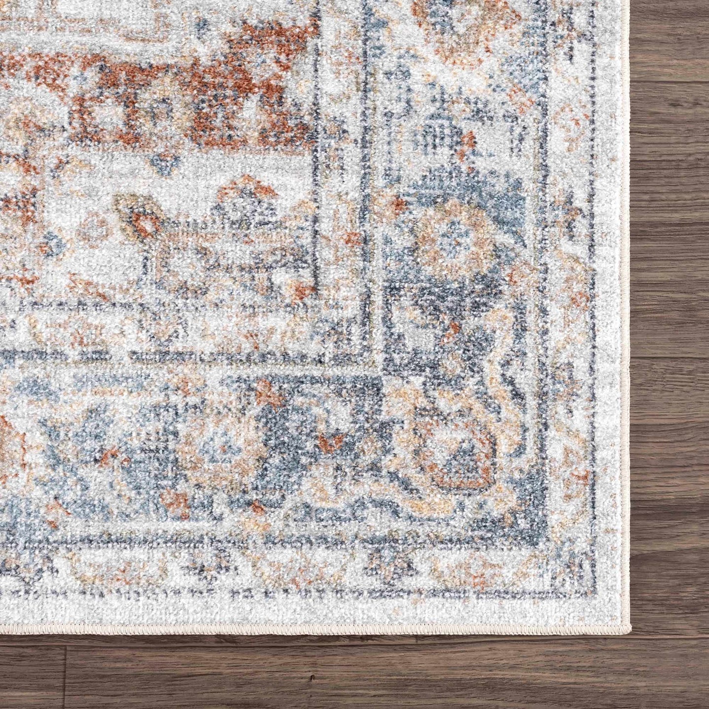Traditional Heriz Ivory, Rust and Blue Medallion Design Low Pile Washable Area Rug - The Rug Decor