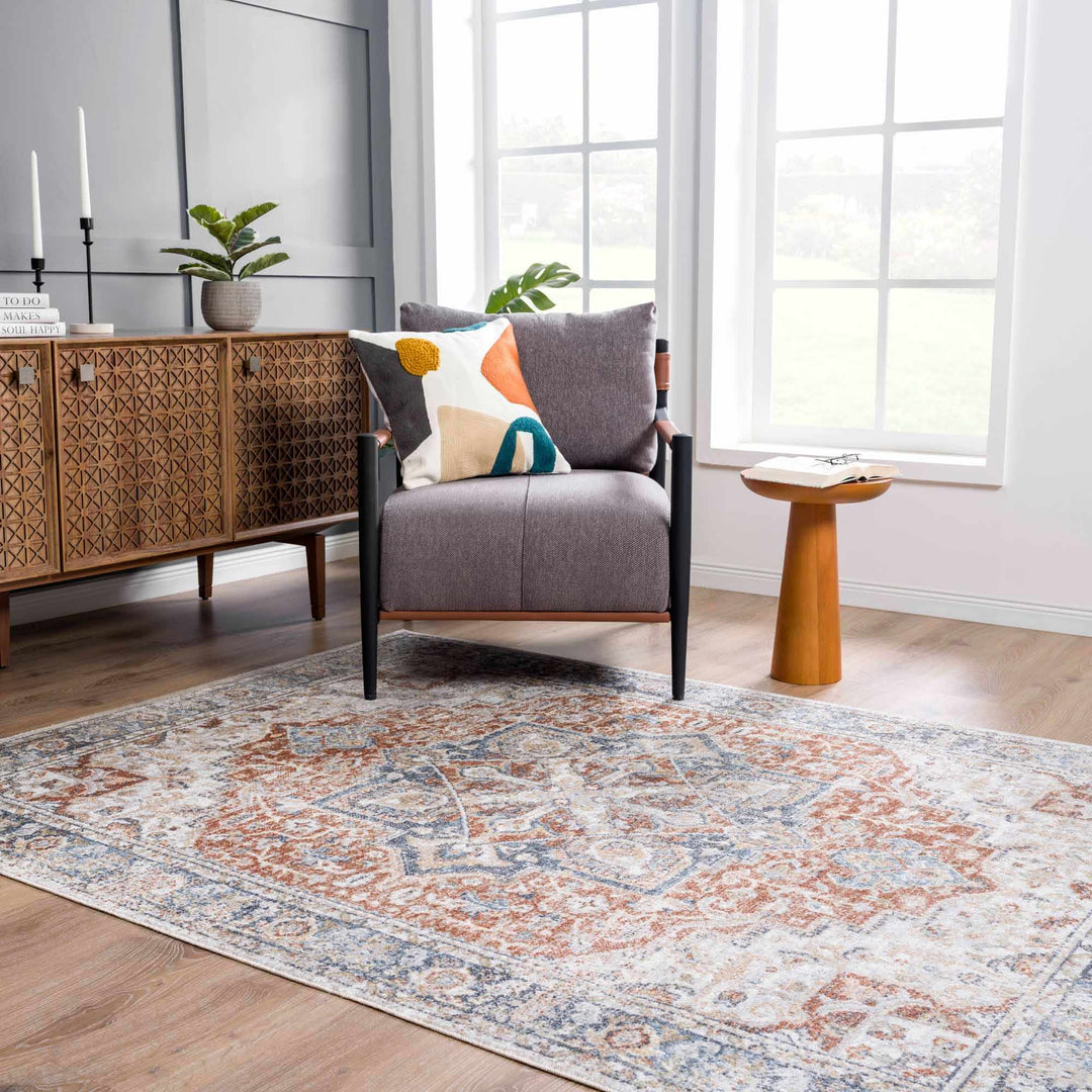 Traditional Heriz Ivory, Rust and Blue Medallion Design Low Pile Washable Area Rug - The Rug Decor