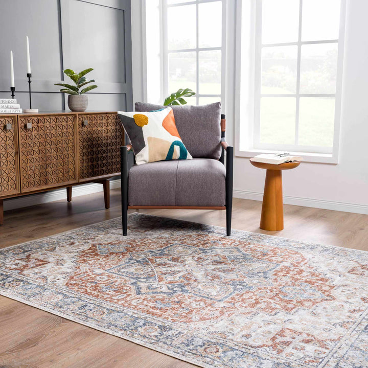 Traditional Heriz Ivory, Rust and Blue Medallion Design Low Pile Washable Area Rug - The Rug Decor