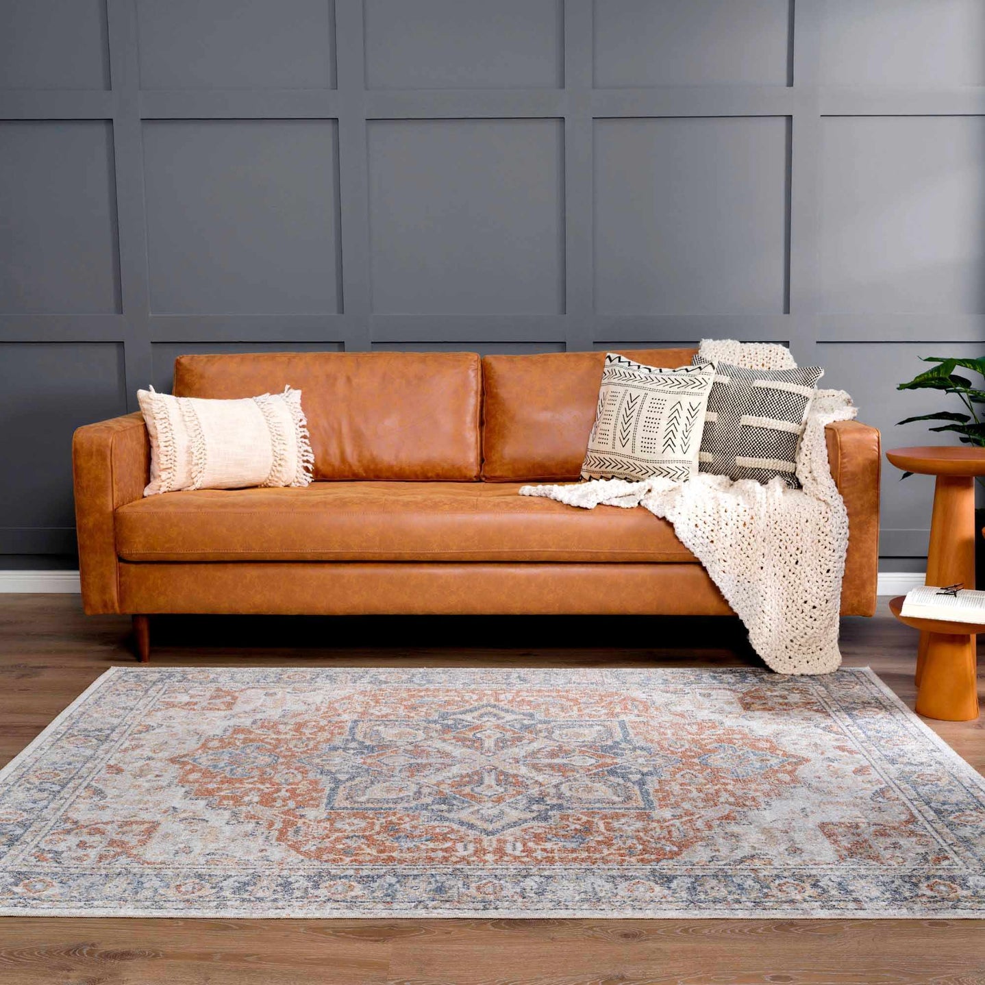 Traditional Heriz Ivory, Rust and Blue Medallion Design Low Pile Washable Area Rug - The Rug Decor