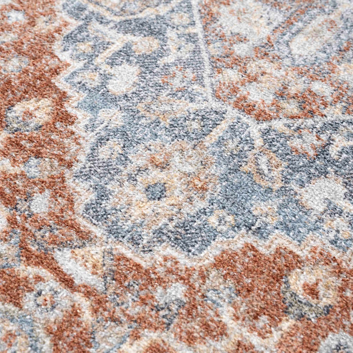 Traditional Heriz Ivory, Rust and Blue Medallion Design Low Pile Washable Area Rug - The Rug Decor