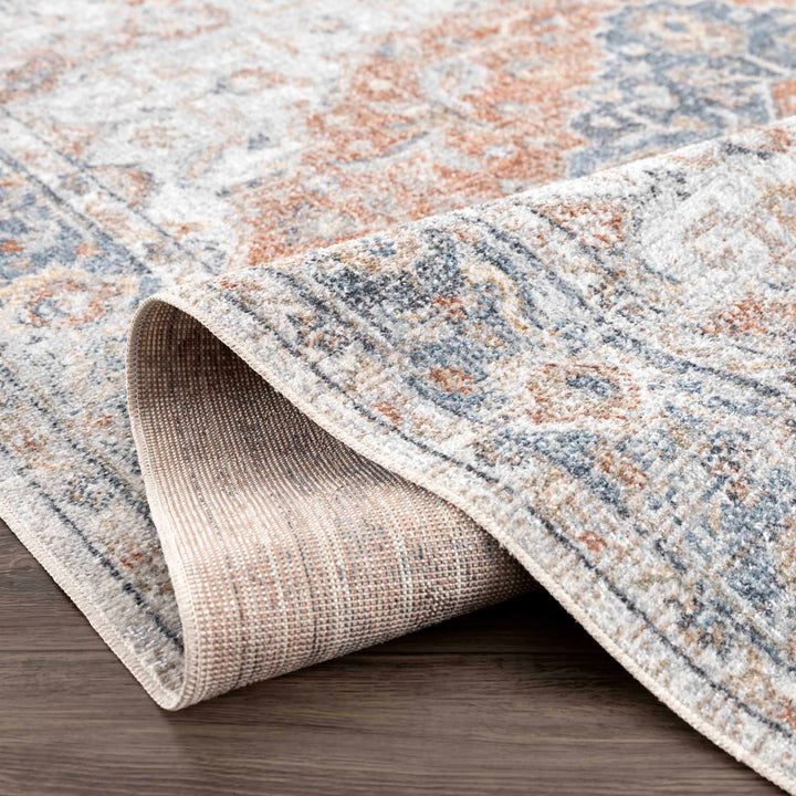 Traditional Heriz Ivory, Rust and Blue Medallion Design Low Pile Washable Area Rug - The Rug Decor