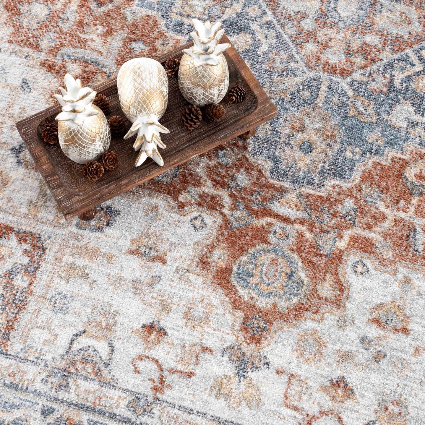 Traditional Heriz Ivory, Rust and Blue Medallion Design Low Pile Washable Area Rug - The Rug Decor