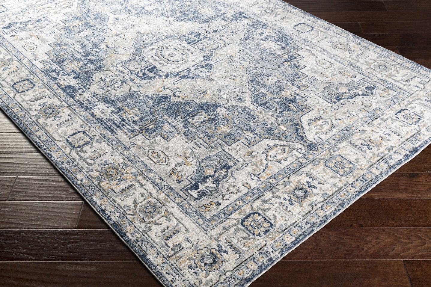 Traditional Heriz Medallion Design Blue, Ivory and Gray Medium Pile Area Rug - The Rug Decor