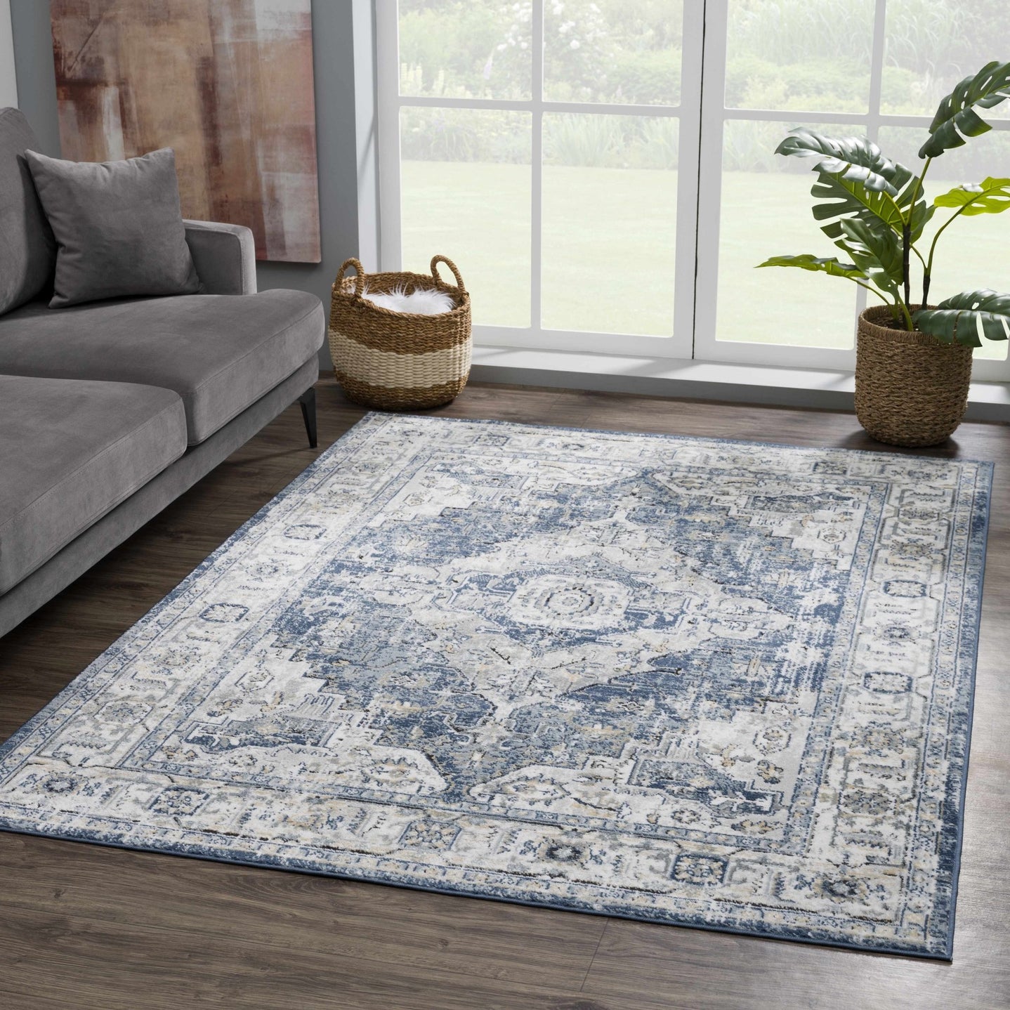Traditional Heriz Medallion Design Blue, Ivory and Gray Medium Pile Area Rug - The Rug Decor