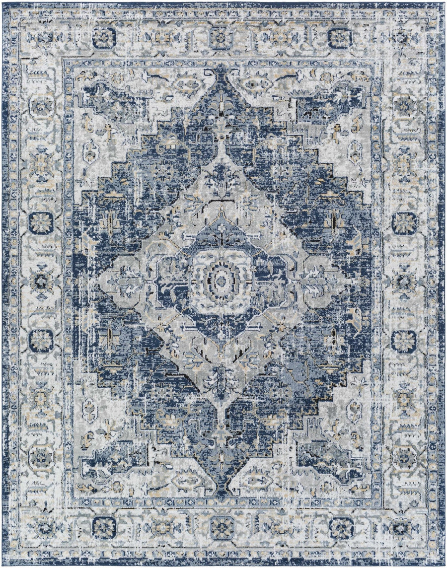 Traditional Heriz Medallion Design Blue, Ivory and Gray Medium Pile Area Rug - The Rug Decor