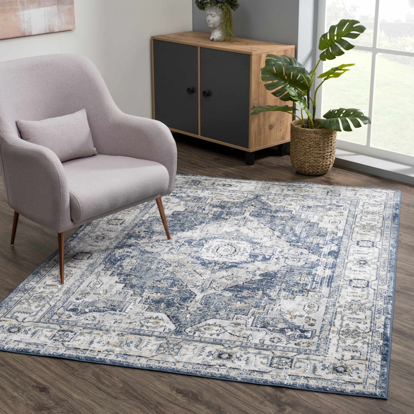 Traditional Heriz Medallion Design Blue, Ivory and Gray Medium Pile Area Rug - The Rug Decor