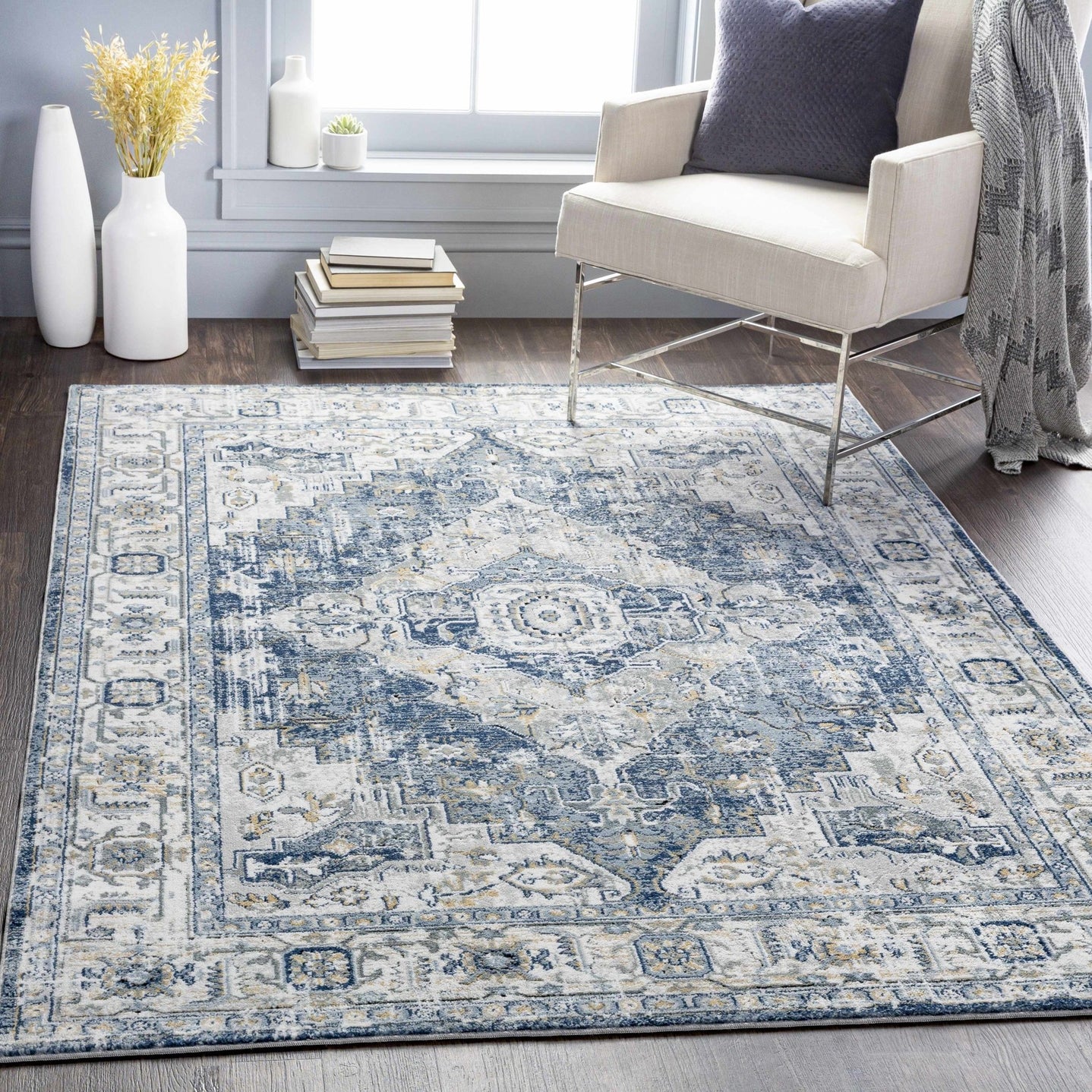 Traditional Heriz Medallion Design Blue, Ivory and Gray Medium Pile Area Rug - The Rug Decor