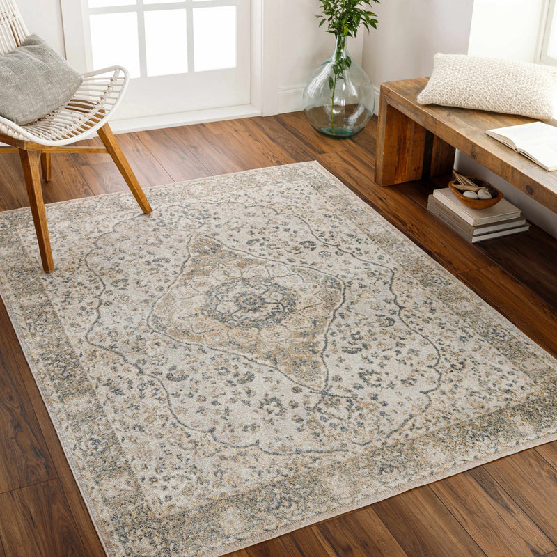 Traditional Heriz Medallion Design Silver, Gold and Charcoal Washable Area Rug - The Rug Decor