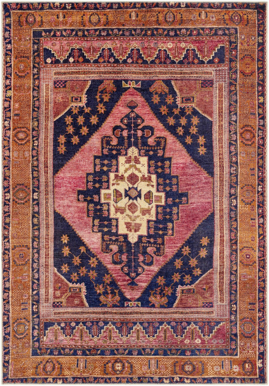 Traditional Heriz Peach, Blue, Gold and Ivory low Pile Washable Area Rug - The Rug Decor