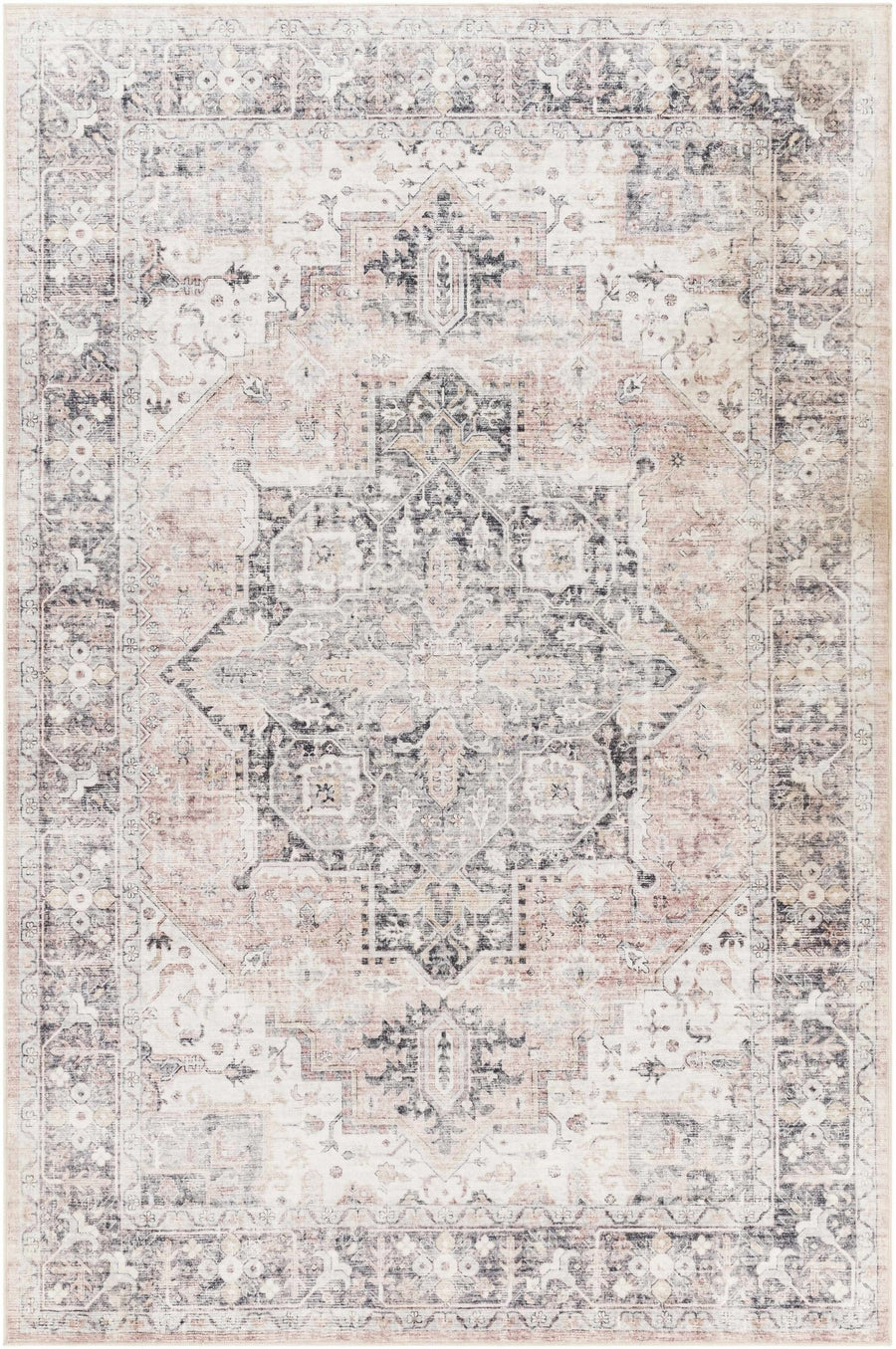 Traditional Heriz Peach, Ivory and Charcoal Medallion Design Washable Area Rug - The Rug Decor