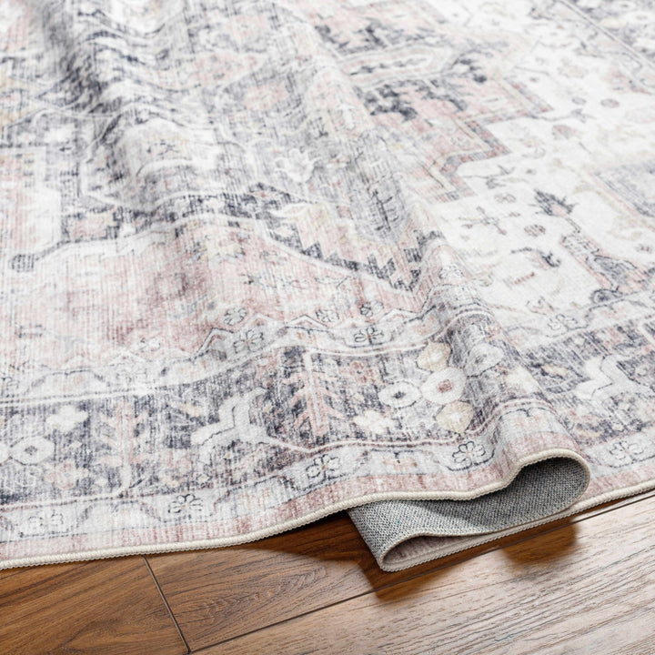 Traditional Heriz Peach, Ivory and Charcoal Medallion Design Washable Area Rug - The Rug Decor