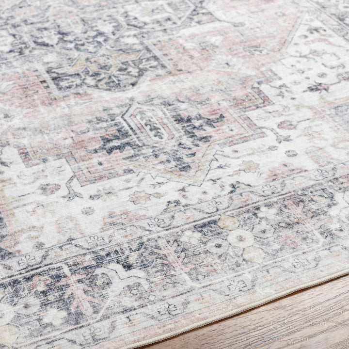 Traditional Heriz Peach, Ivory and Charcoal Medallion Design Washable Area Rug - The Rug Decor