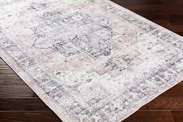 Traditional Heriz Peach, Ivory and Charcoal Medallion Design Washable Area Rug - The Rug Decor