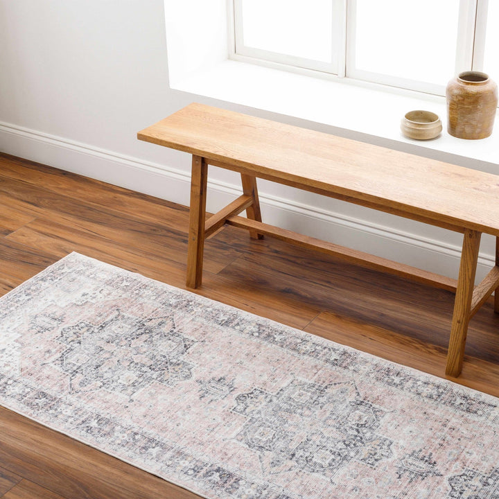 Traditional Heriz Peach, Ivory and Charcoal Medallion Design Washable Area Rug - The Rug Decor