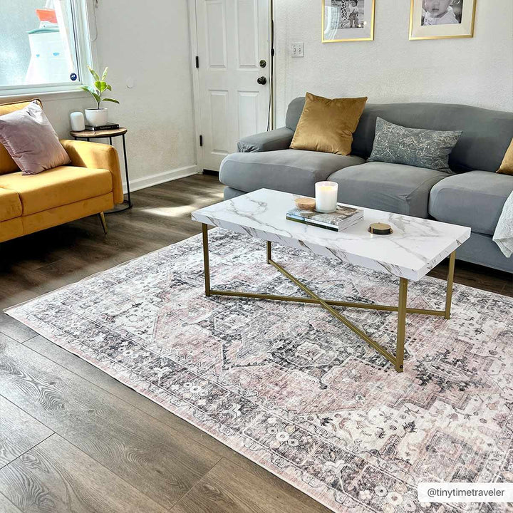 Traditional Heriz Peach, Ivory and Charcoal Medallion Design Washable Area Rug - The Rug Decor