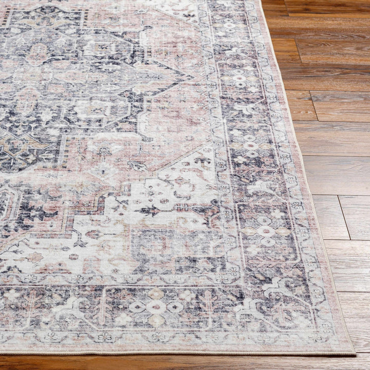 Traditional Heriz Peach, Ivory and Charcoal Medallion Design Washable Area Rug - The Rug Decor