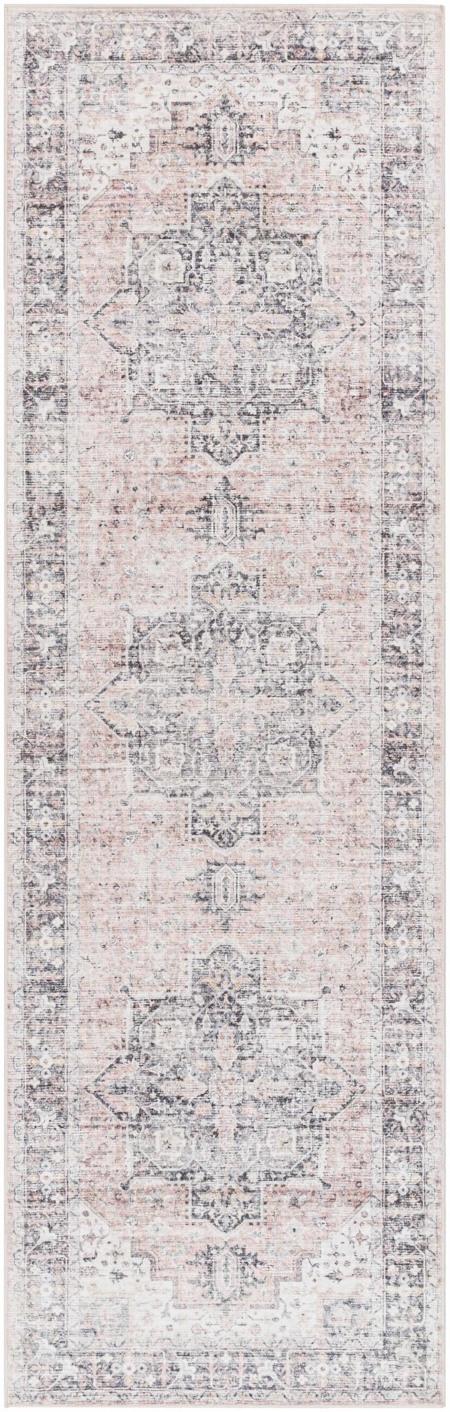Traditional Heriz Peach, Ivory and Charcoal Medallion Design Washable Area Rug - The Rug Decor