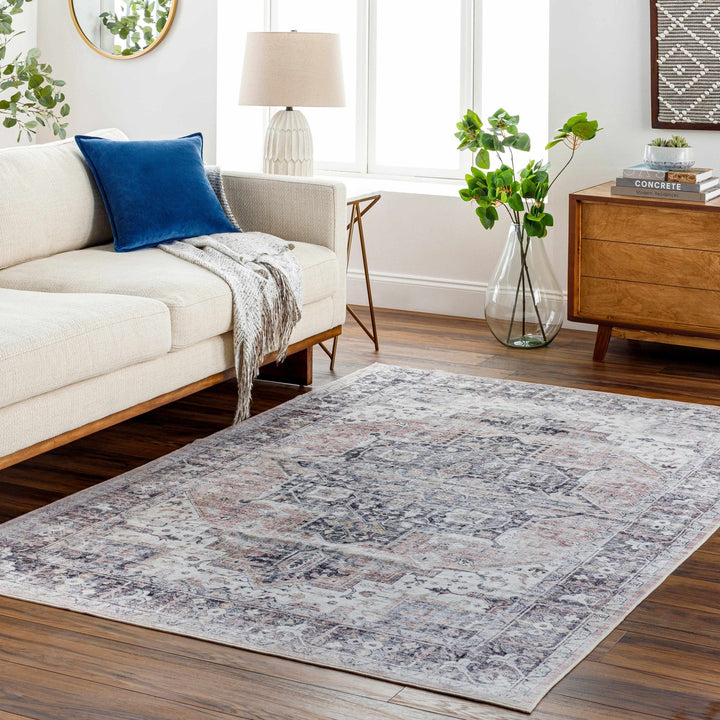 Traditional Heriz Peach, Ivory and Charcoal Medallion Design Washable Area Rug - The Rug Decor