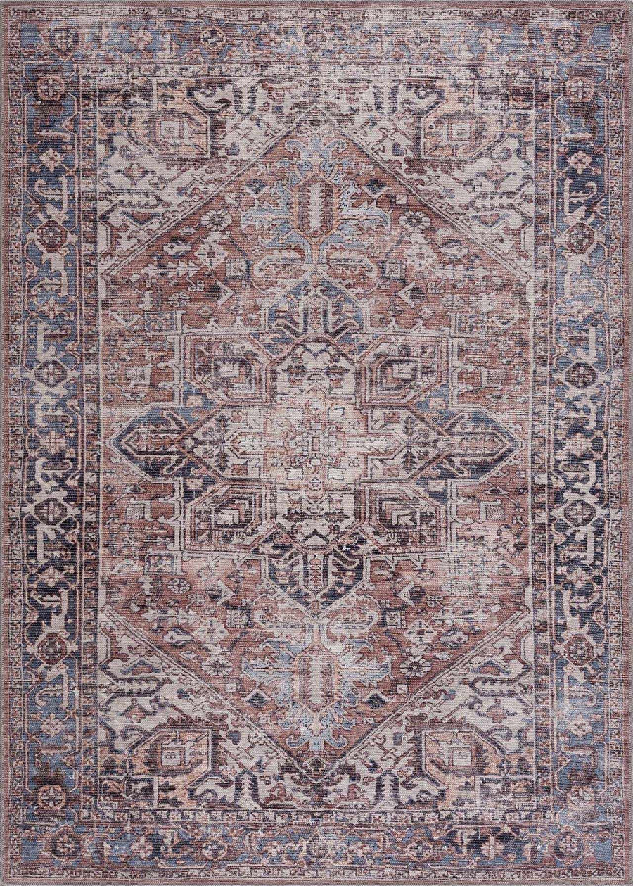 Traditional Heriz Serapi design Ivory, rust and blue Low pile Area Rug - The Rug Decor