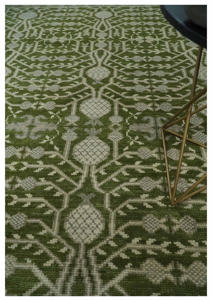 Traditional Khotan Design Hand knotted Green and Ivory 8x10 wool Area Rug - The Rug Decor