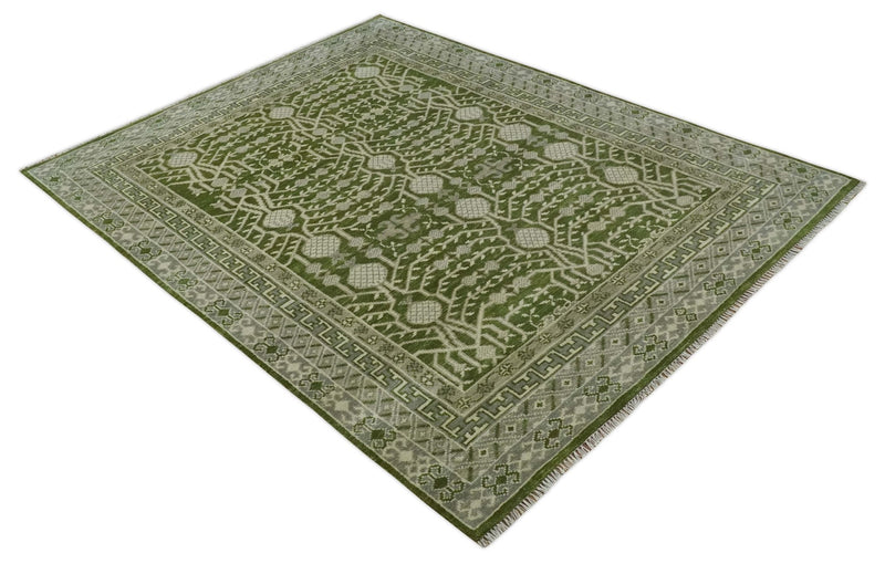 Traditional Khotan Design Hand knotted Green and Ivory 8x10 wool Area Rug - The Rug Decor