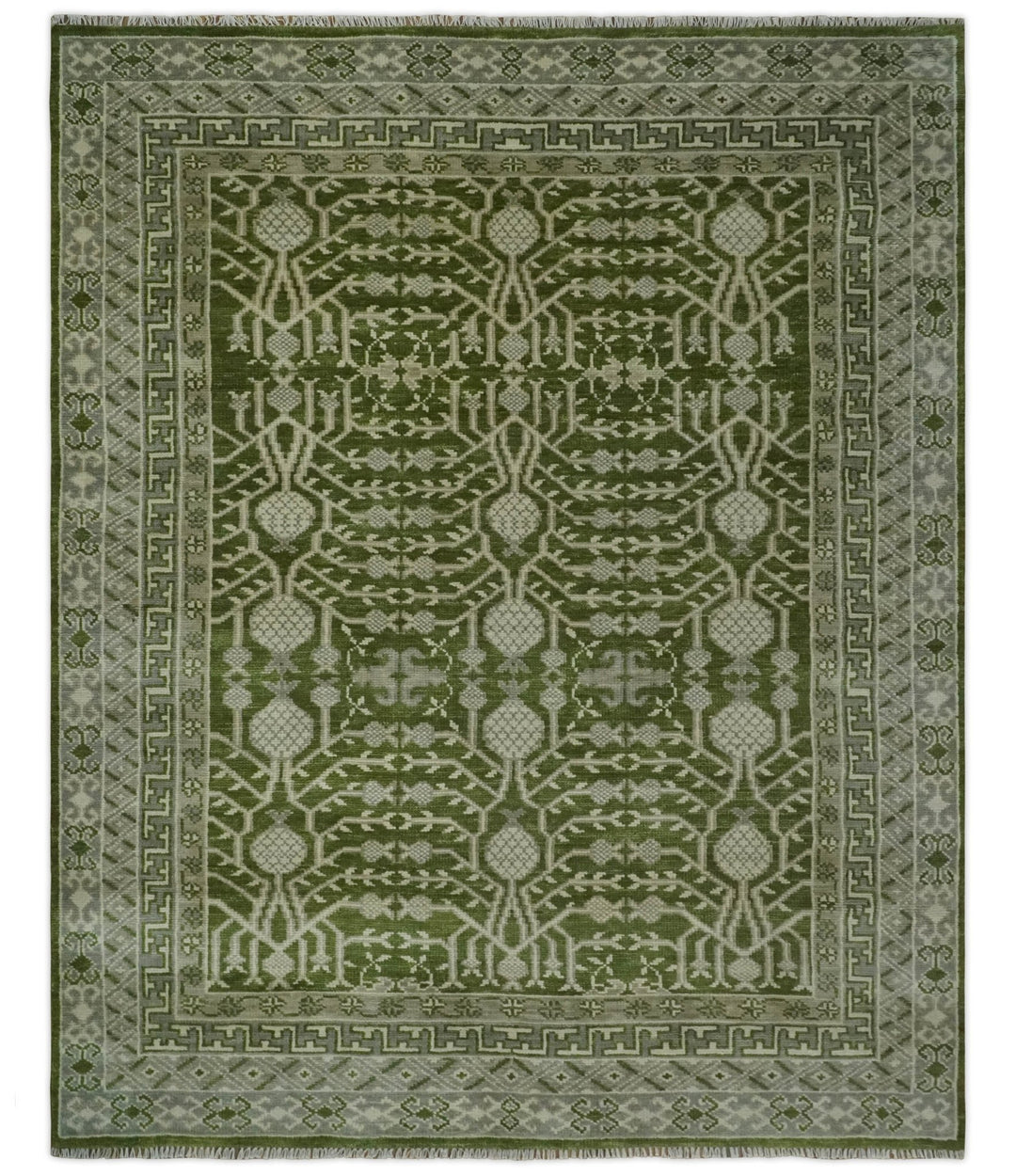 Traditional Khotan Design Hand knotted Green and Ivory 8x10 wool Area Rug - The Rug Decor