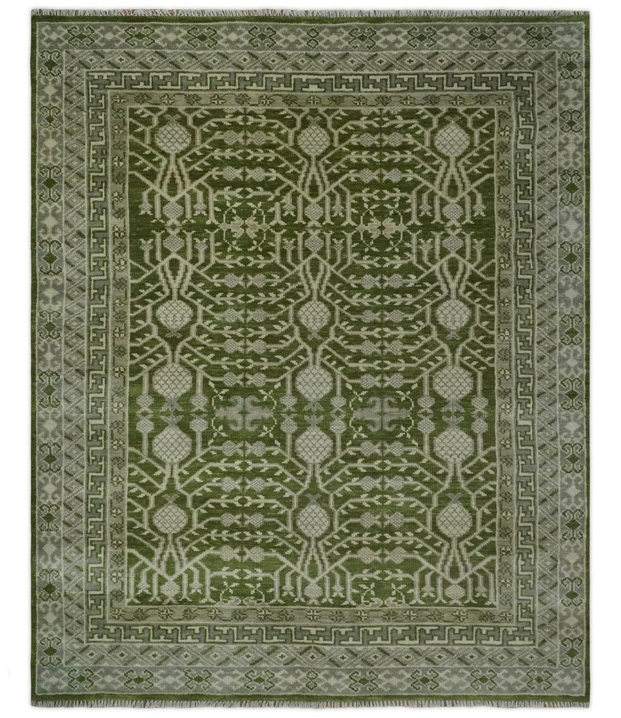 Traditional Khotan Design Hand knotted Green and Ivory 8x10 wool Area Rug - The Rug Decor